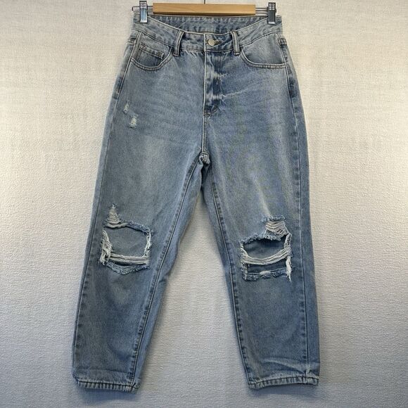 Shein Mom Jeans Distressed Loose Straight Women Sz Petite Medium, Blue Denim - Picture 1 of 6